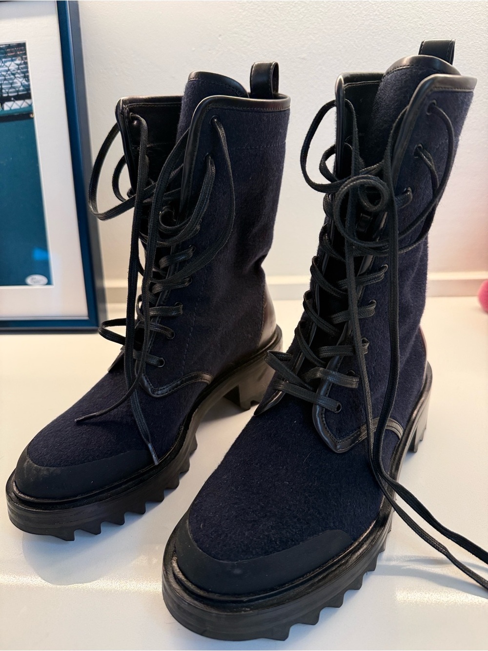Tamara Mellon Navy and Black Lace-Up Combat Boots